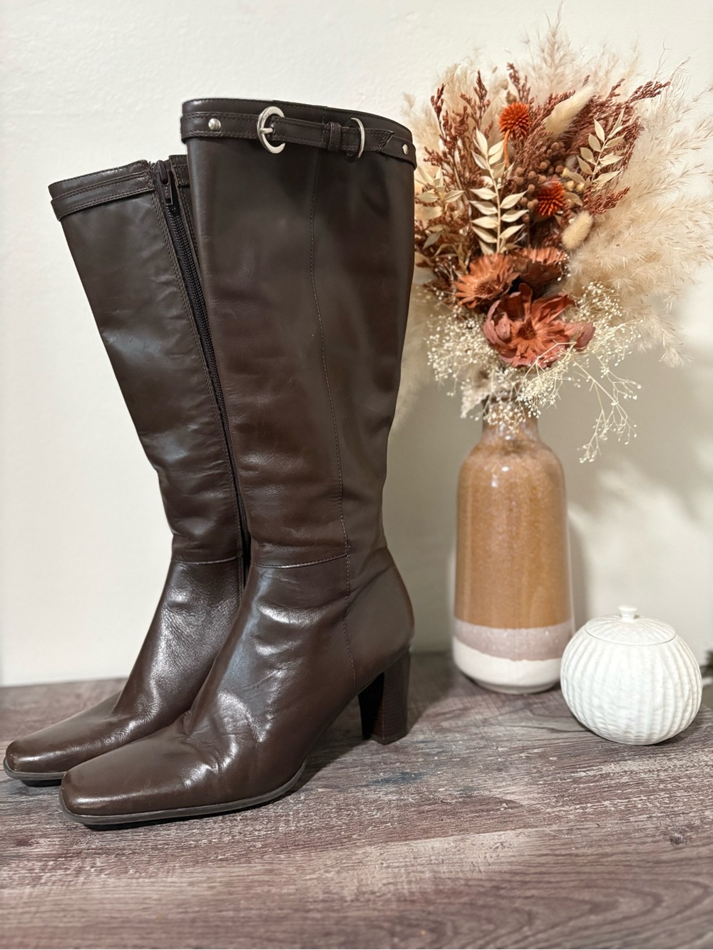 Michelle D Dark Brown Leather Knee-High Heeled Boots